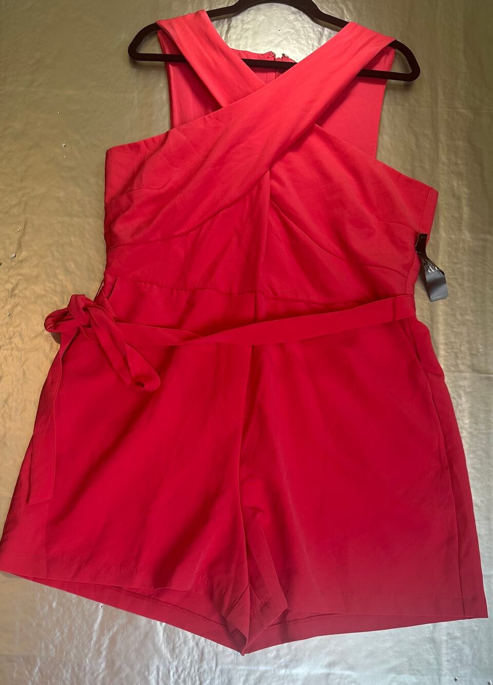 NY&Co  XL Fuchsia Pink Cross Front Romper Tie Waist Pockets NWT